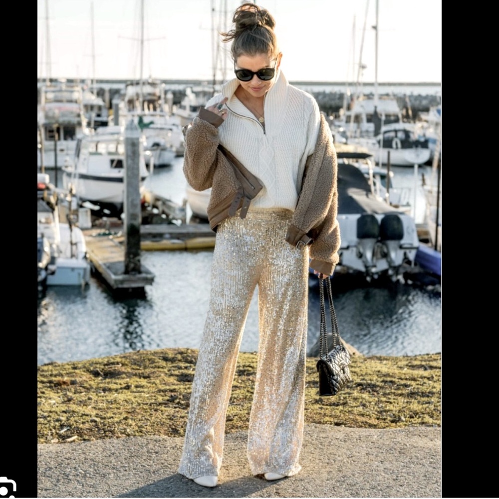 Deane Silver Sequin High Waisted Wide Leg pull on Trouser Pant